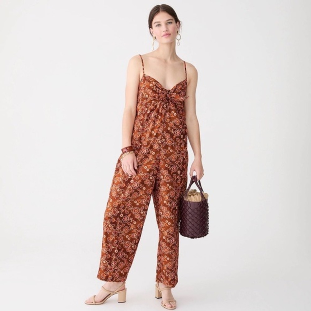 NWT J. Crew Tie-Front Jumpsuit in Vintage Vines | Size 10 | Rust Floral